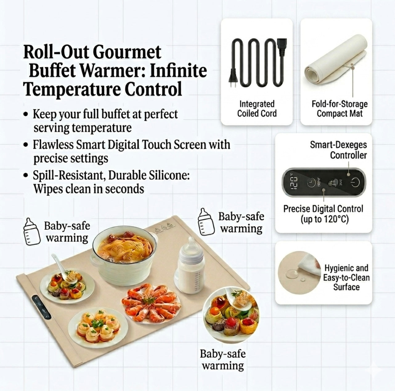 HeatFlex Mat — Flexible silicone electric warming tray for keeping food hot at the table